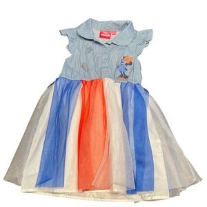 Disney Junior Minnie Mouse Chambray Dress Girls 5T Blue Red White Tulle Skirt